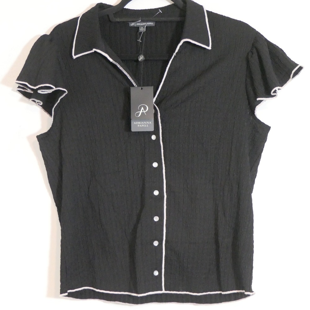 Adrianna Papell Womens Top M Black Ivory Flutter Sleeve Coquette Feminine Paris